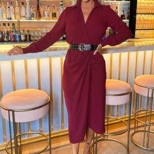 Wine Belted Wrap Midi Shirt Dress