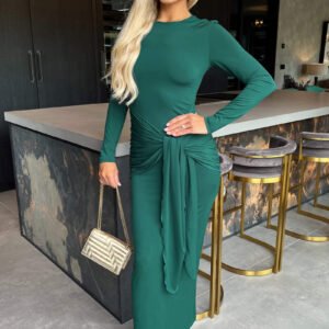 Teal Long Sleeve Sash Bodycon Midi Dress